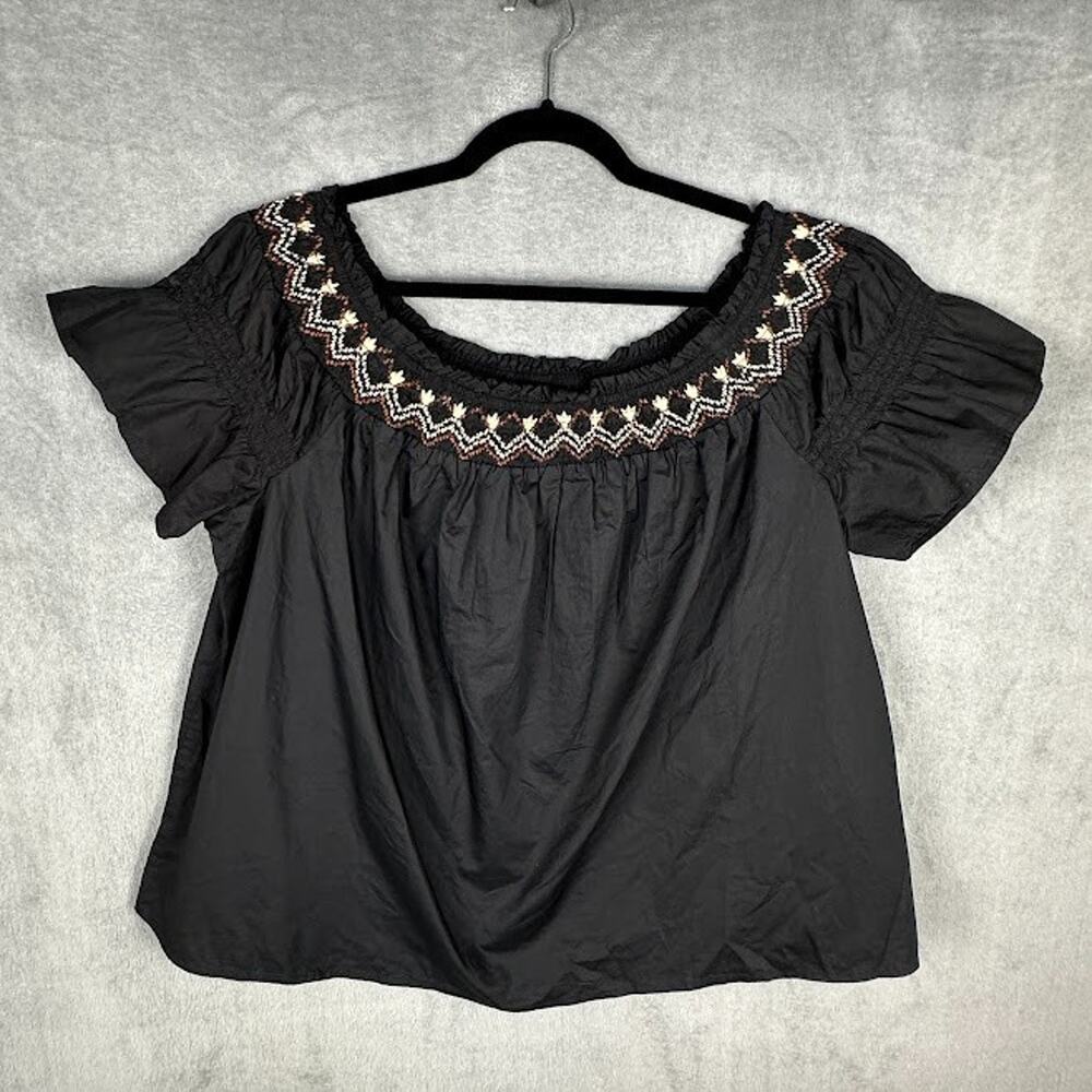 Old Navy Top Women 2X Black Embroidered Ruched Boho Peasant Beach Flutter Sleeve